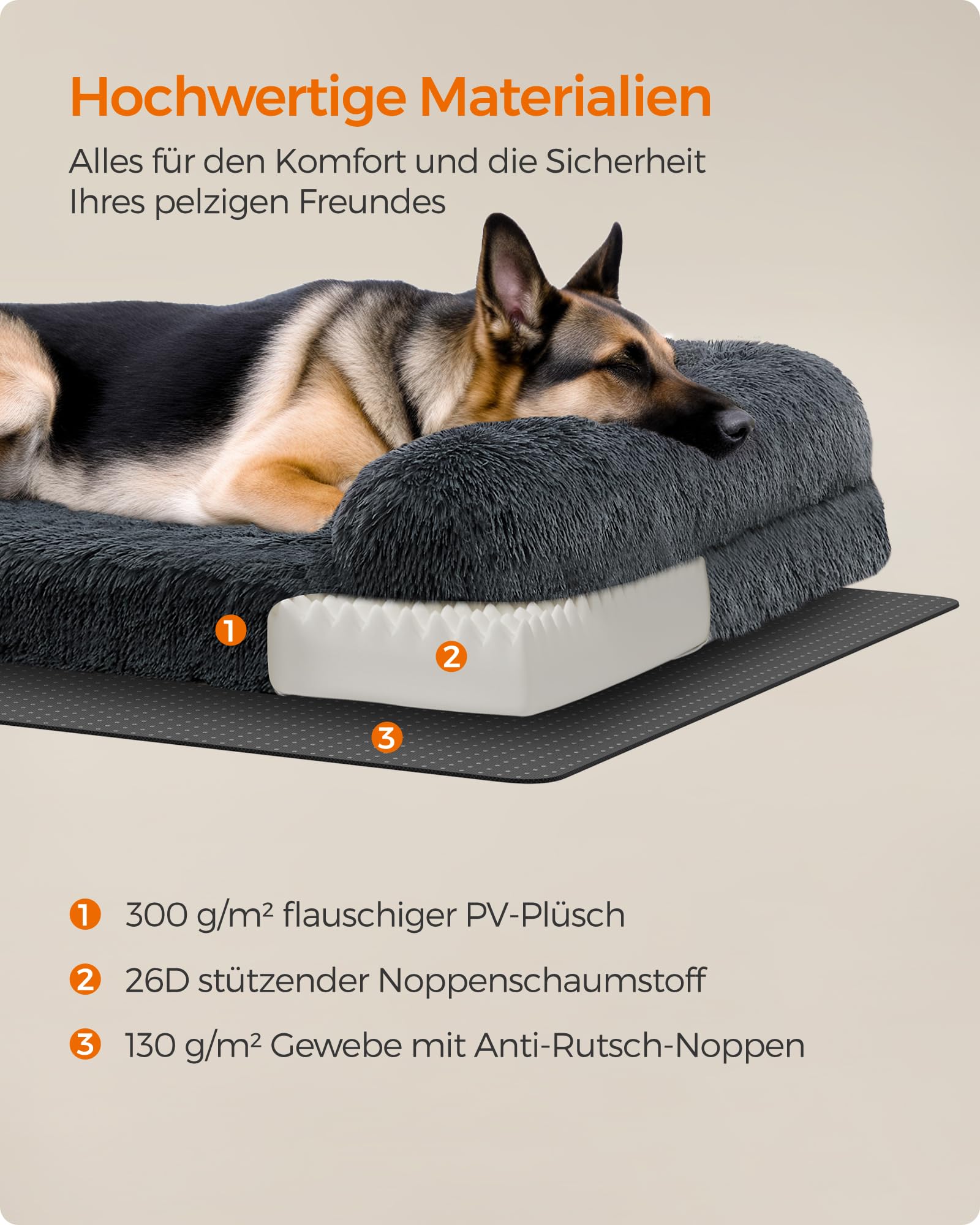 Feandrea FluffyHug Hundebett, Hundekissen Größe XXL, Hundematte für große Hunde, Hundesofa Noppenschaumstoff, Bezug abnehmbar und waschbar, 122 x 85 x 16 cm, dunkelgrau PGW234G02V1