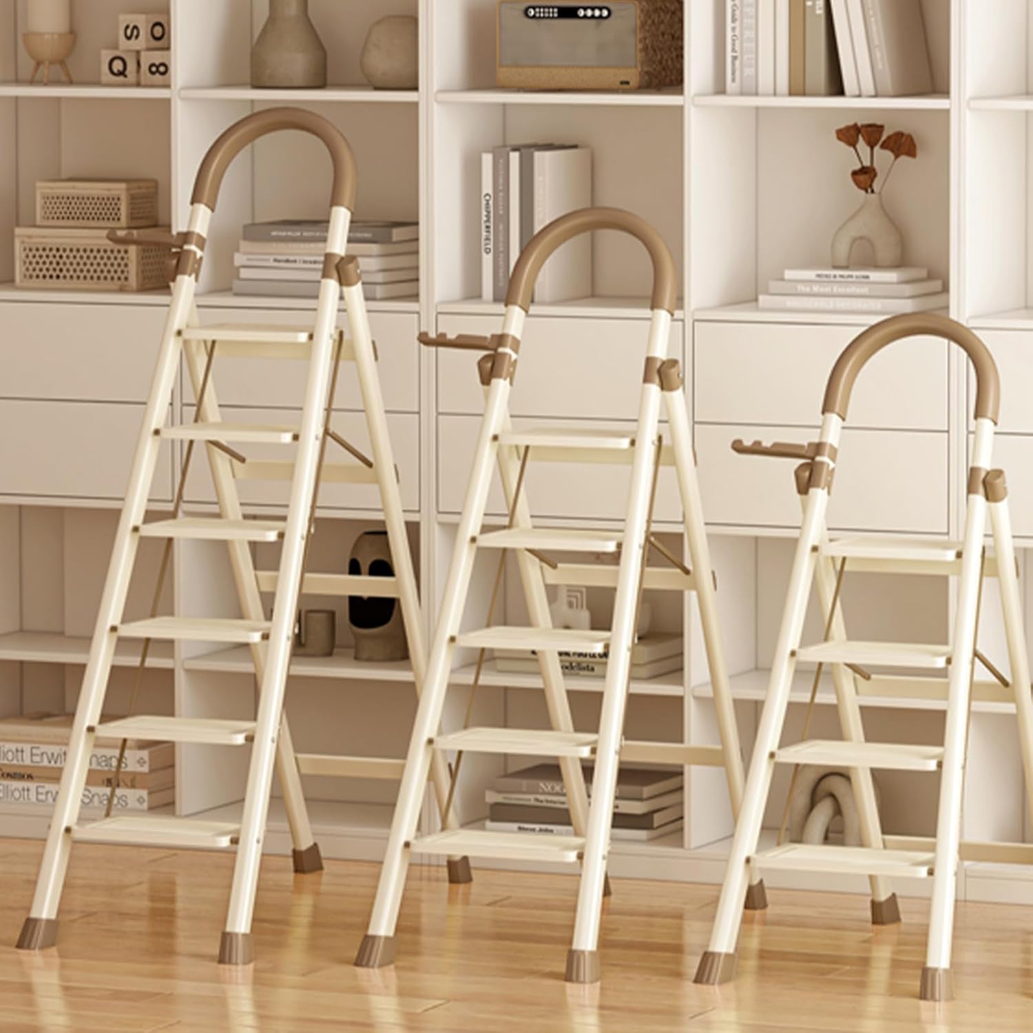 Adult Foldable Ladder Small Lightweight Multi-Function Ladder with Non-Slip Steps Suitable for Home Office,Cream White,5 Step Ladder