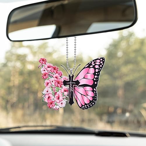 Miniatura 8 de Dijes para coche, diseño de mariposa rosada, cruz de Jesús, accesorios para colgar en el espejo del automóvil, accesorios para colgar en el coche,