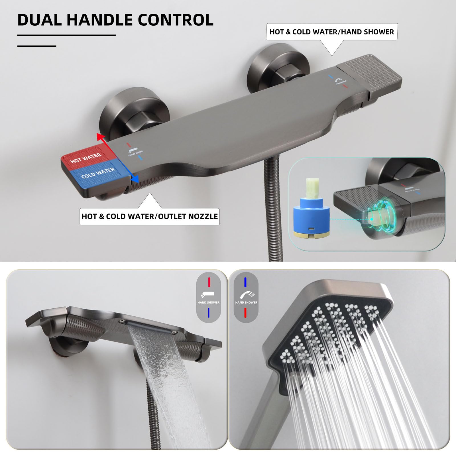 Badewannenarmatur mit Handbrause, Wannenarmatur Wasserfall, Armatur Badewanne Set, Messing, Grau, 14Y7OK