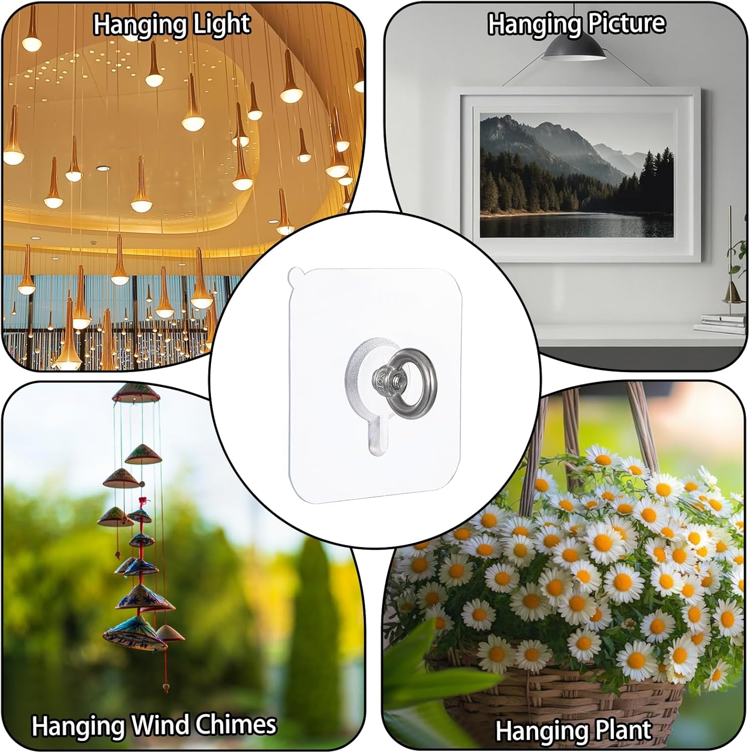 5 Pack Adhesive Ceiling Hooks, Heavy Duty No Drill Ceiling Hanging Hook, Stainless Steel, Waterproof, Nail-Free Self Adhesive Ceilings Wall Hangers for Hanging Plants Wind Chimes Lanterns