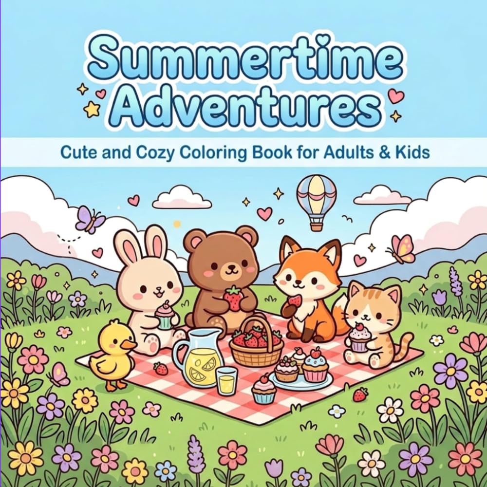 Summertime Adventures: Cute and Cozy Animal Coloring Book for Adults and Kids: Bold and Easy Cozy Animal Coloring Pages for Relaxation