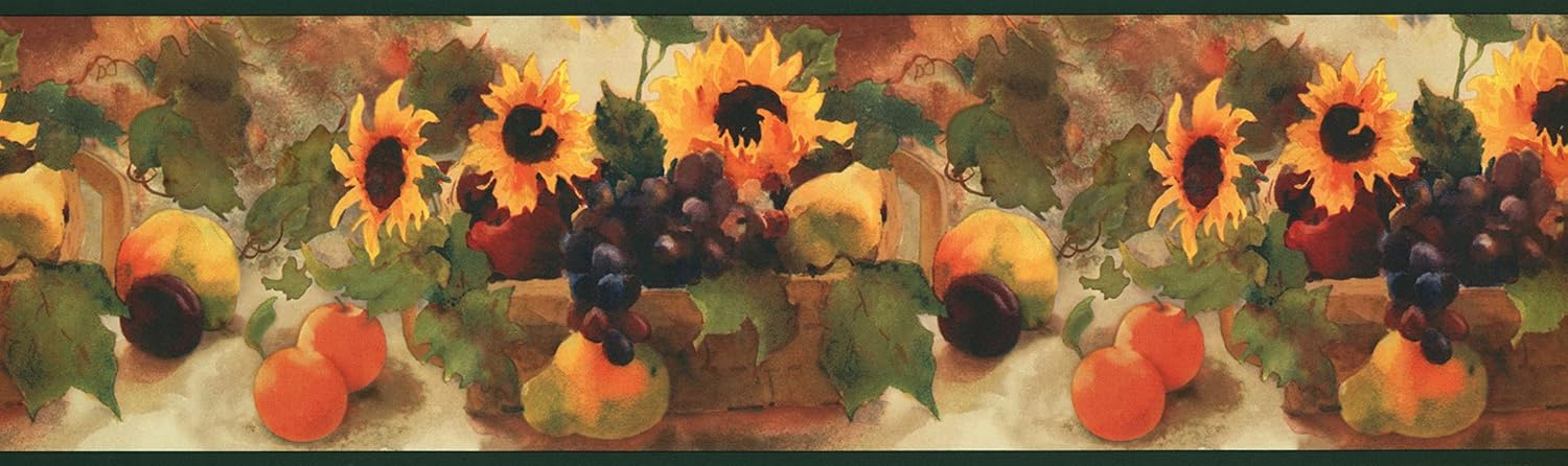 CONCORD WALLCOVERINGS ™ Wallpaper Border Fruits Pattern Sunflowers Grapes Pears Fruit Basket for Kitchen Dining Room Cottage, Yellow Brown Green, 15 Feet by 7 Inches TK6233B