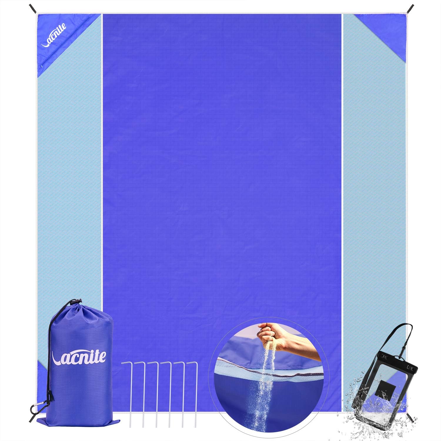 Beach Blanket Sand Free and Waterproof Combined - Large Beach Mat with 6 Metal Stakes+4 Sand Pockets for Double Windproof - Double Layer of Mesh, Fast Dry, Strong Nylon, Easy Clean, 83''x 91''