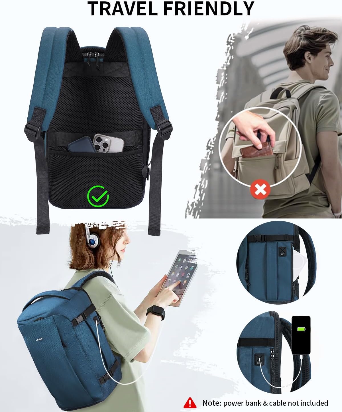 ECOHUB 40L Carry-On Travel Backpack, TSA-Friendly, Anti-Theft Water-Resistant Lightweight with 17.3″ Laptop Compartment, Durable PFAS-Free Rucksack, Green - Image 5