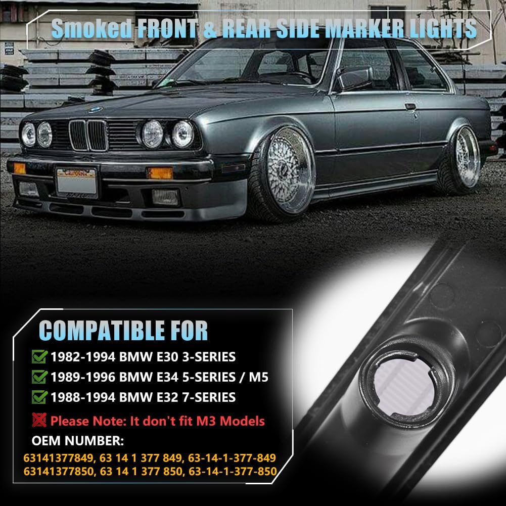 Front & Rear Side Marker Lights Housing for 84-91 BMW E30 3 Series/89-95 E34 5 Series/86-94 E32 7 Series, Smoked Lens Side Bumper Marker Light Kit, BMW Turn Signal Lamp Kits, 4 PCS