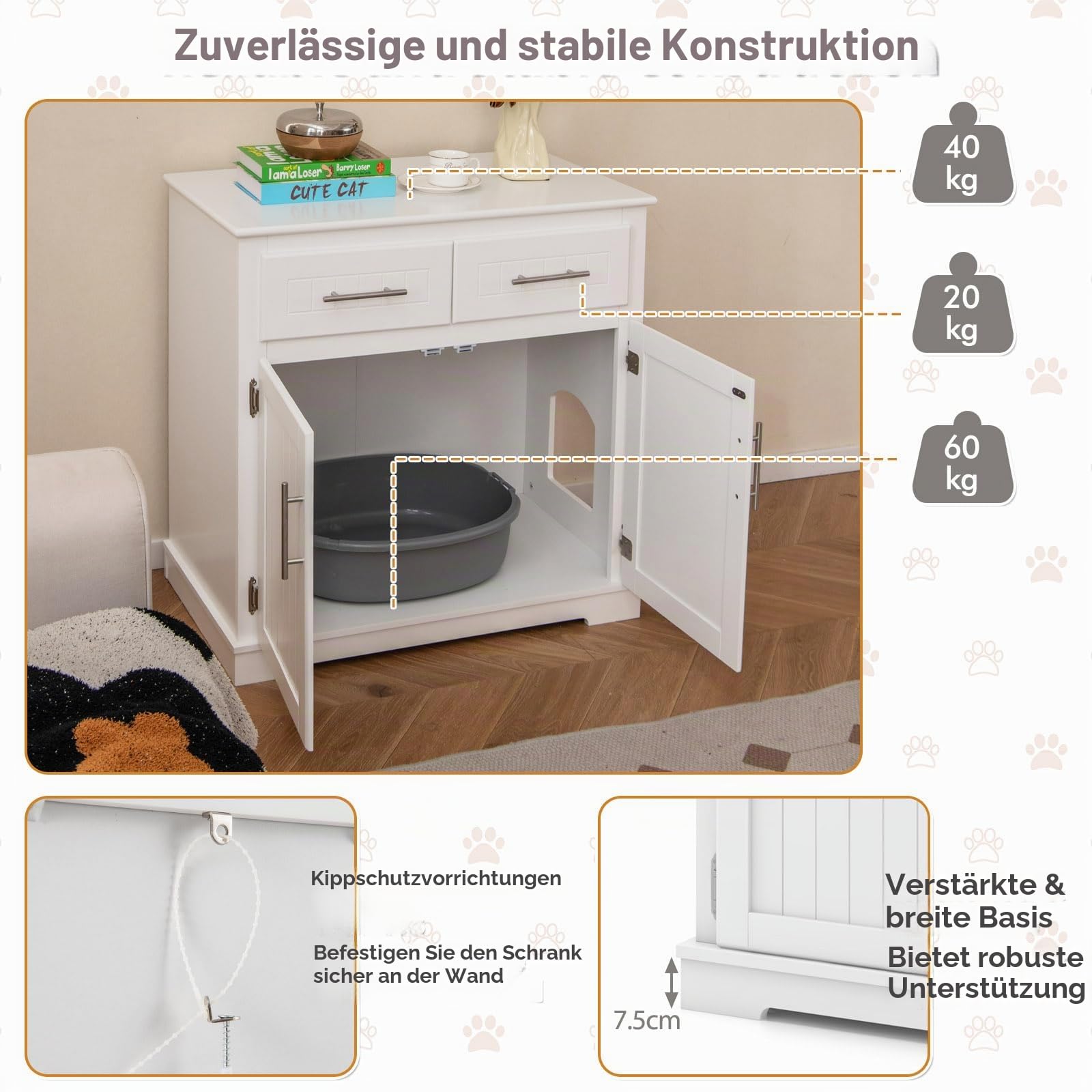 SOARS Katzenschrank, Katzenklo Schrank 3 in 1 mit 2 Türen und 2 Schubladen, Anti-Kipp-Vorrichtung & Seiteneingang, Katzenhaus Katzenhöhle Katzenkommode für Innenbereich, 80 x 45 x 80 cm