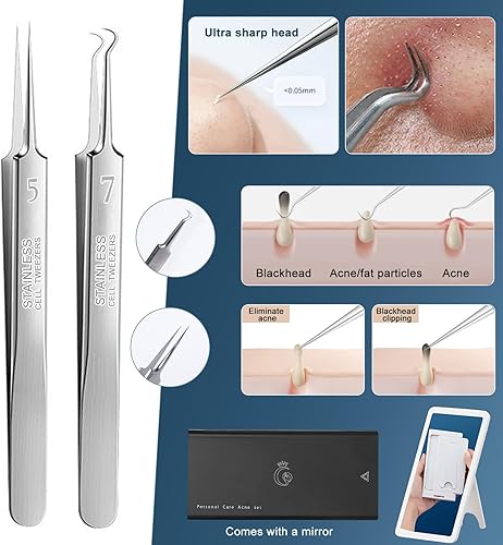 Miniatura 5 de Pinzas profesionales para eliminar puntos negros, juego de 6 herramientas de acero inoxidable para extractor de acné con estuche de almacenamiento