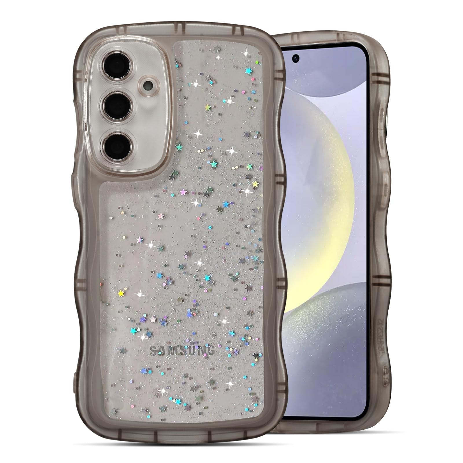 QLTYPRI 対応 Galaxy S26 ケース クリア TPU カバー ウェーブ おしゃれ 韓国 可愛い ウェーブ グリッター 透明 薄型 軽量 耐衝撃 滑り止め スマホケース ワイヤレス充電対応 ストラップホール付き ギャラクシーS26 ケース 対応 - ブラック