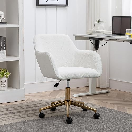 SSLine Silla de tocador de piel sintética, elegante silla de escritorio de maquillaje peludo blanco para niñas y mujeres, silla moderna y cómoda con