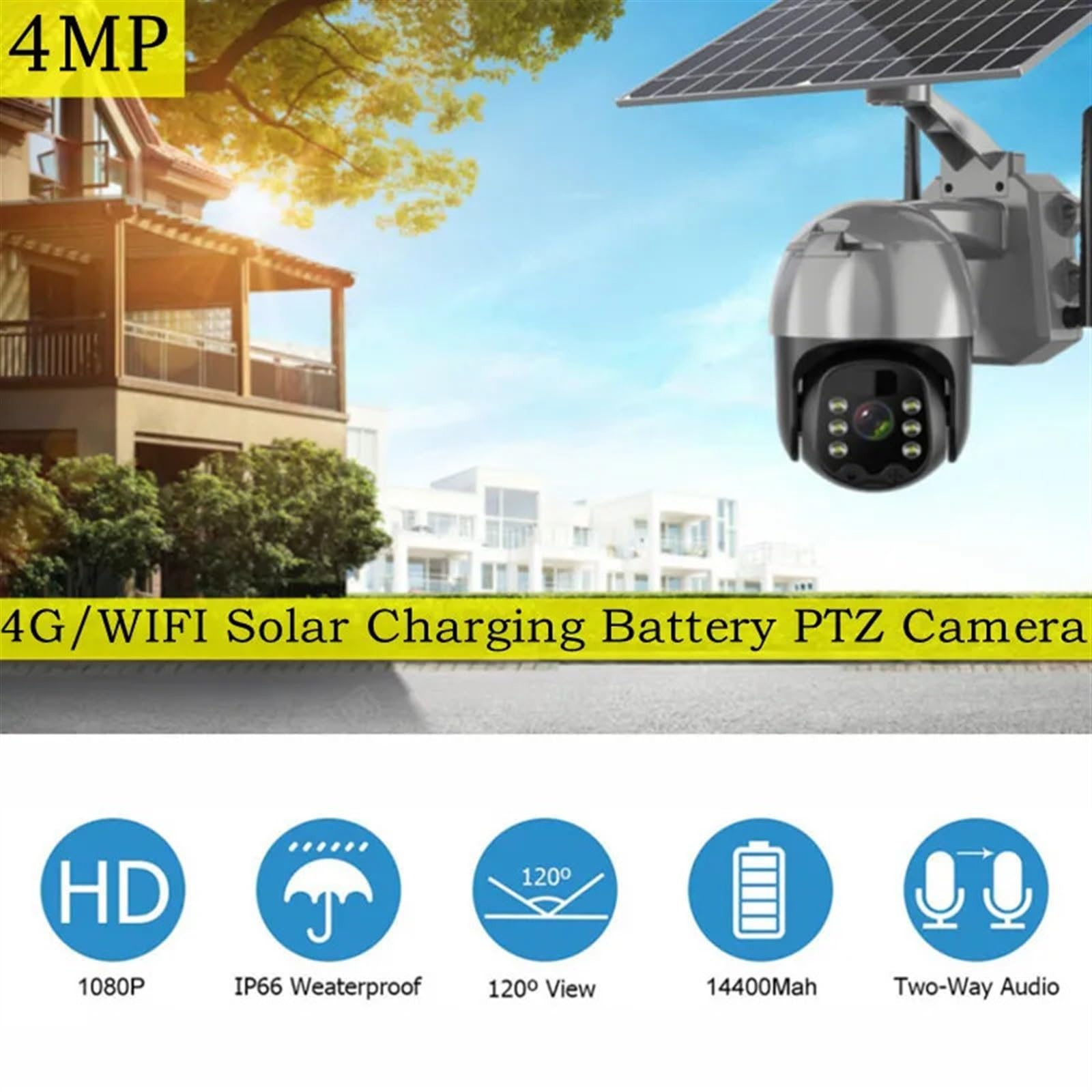 Caméra de sécurité, 4G Carte SIM caméra Solaire Batterie intégrée IP extérieure 4MP sans Fil sécurité PTZ PIR de Surveillance Mouvement(WiFi Camera Only)