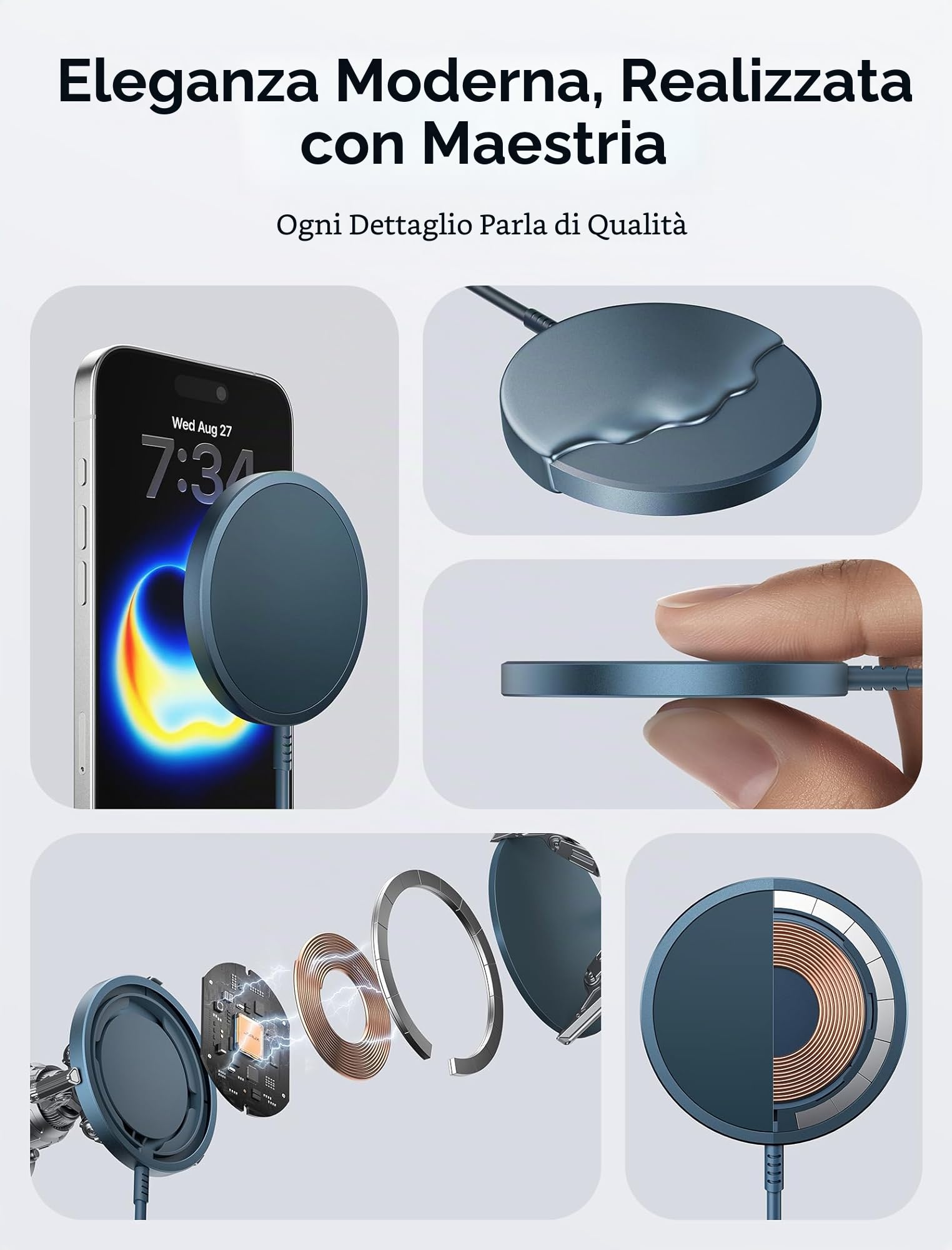 JSAUX Caricatore Mag-Safe da 15W Wireless Magnetico Stazione di Ricarica Induttiva Compatibile per Caricabatterie MagSafe iPhone 17 Air Pro Max/iPhone 16 15 14 13 12 Airpods Blu