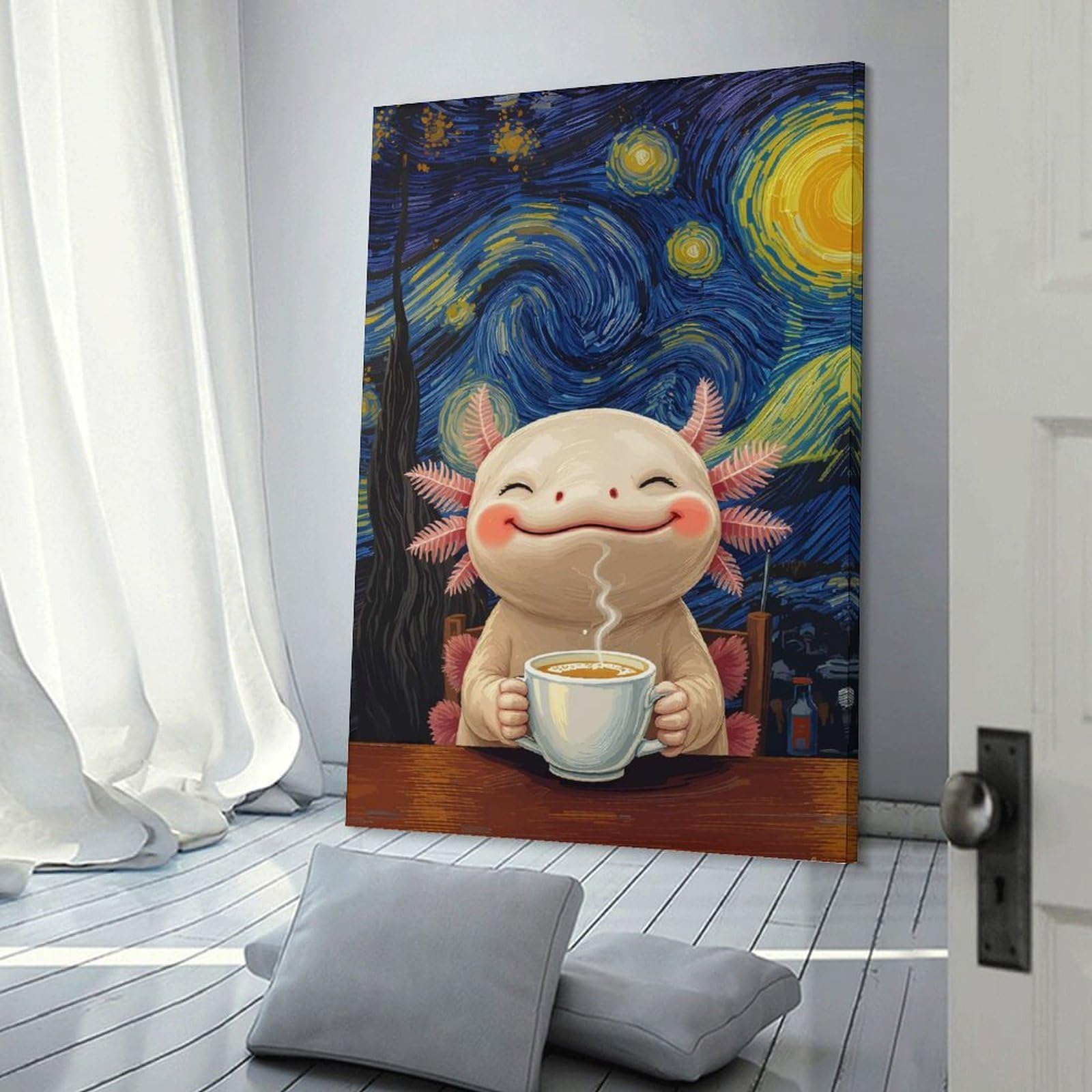Junmoney Wall Art Print Axolotl Enjoying Coffee, Starry Night, 12x18inch(30x45cm), for Bedrooms, Workspaces And Everyday Interiors, Stylish Home Artwork for Focal Walls