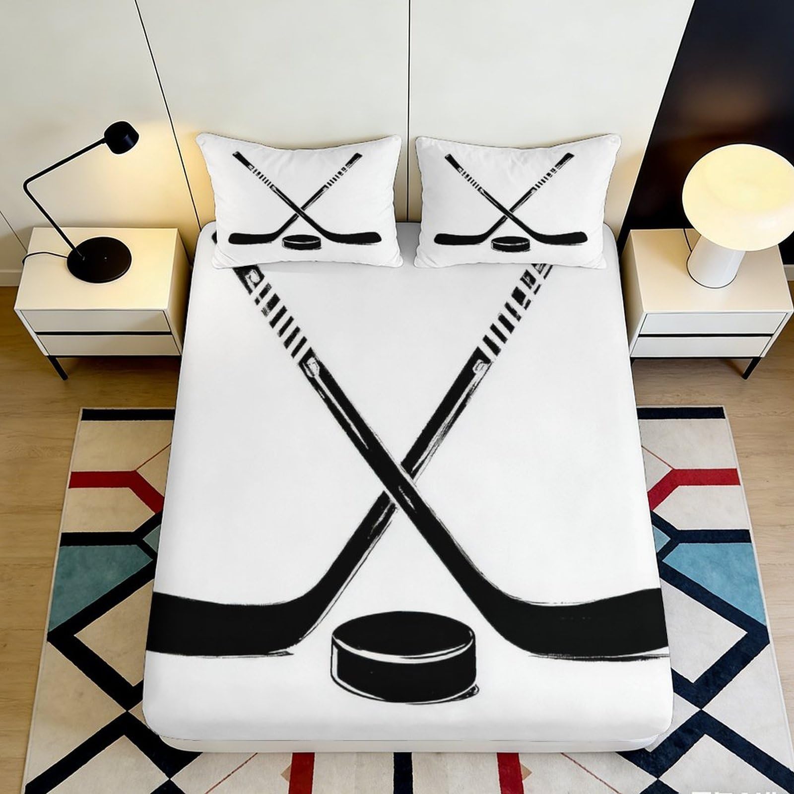 3D Printed Hockey Sticks Fitted Sheet Microfiber Black White Sports Puck Bed Cover for Bedroom Guest Room Decor 90x200x25cm
