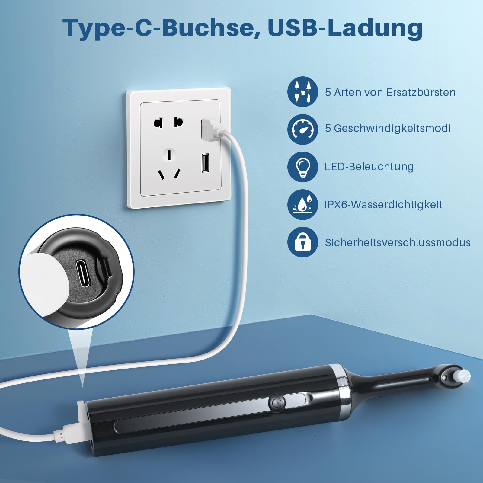 Morfone Set di sbiancamento dei denti, lucidatrice dentale con 5 modalità e 5 teste, set sbiancante per la pulizia dei denti, lucidatura, illuminante, luce LED USB-C IPX6 impermeabile