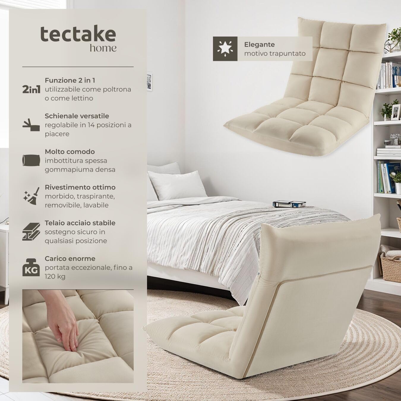 tectake® Poltrona Relax in Velluto, Poltrona Regolabile in 14 Posizioni, Imbottitura Spessa, Rivestimento Lavabile, Telaio in Acciaio, Ideale per Salotto, Camera da Letto, Ufficio - Beige