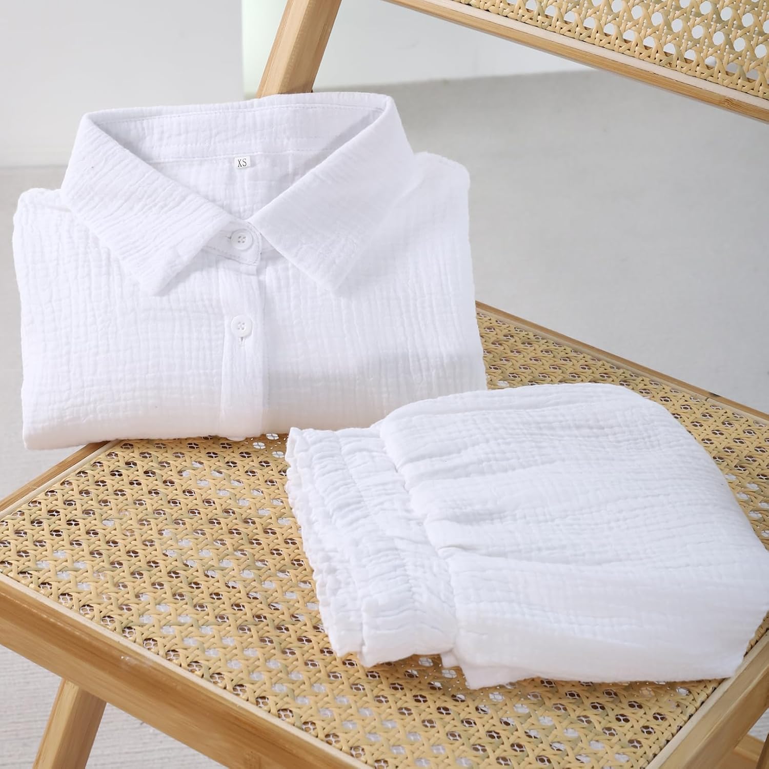 Flygo Women Casual 2 Piece Outfits Cotton Pajama Sets Loungewear Loose Button Down Shirt Shorts Gauze Set Beachwear - Image 6