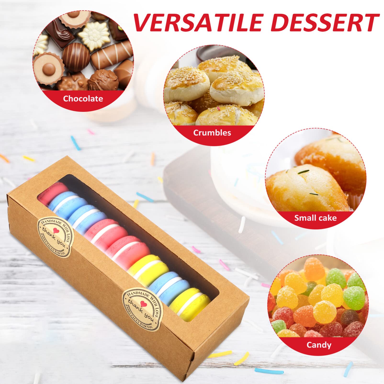 UPKOCH Macarons Boxes 50 Pack Kraft Paper with Clear Window 7.7X2.5X1.9 Inch Dessert Packaging for Macaron Cookies Chocolates Donuts Includes 8 Decorative Stickers for Home or Shop - Image 4