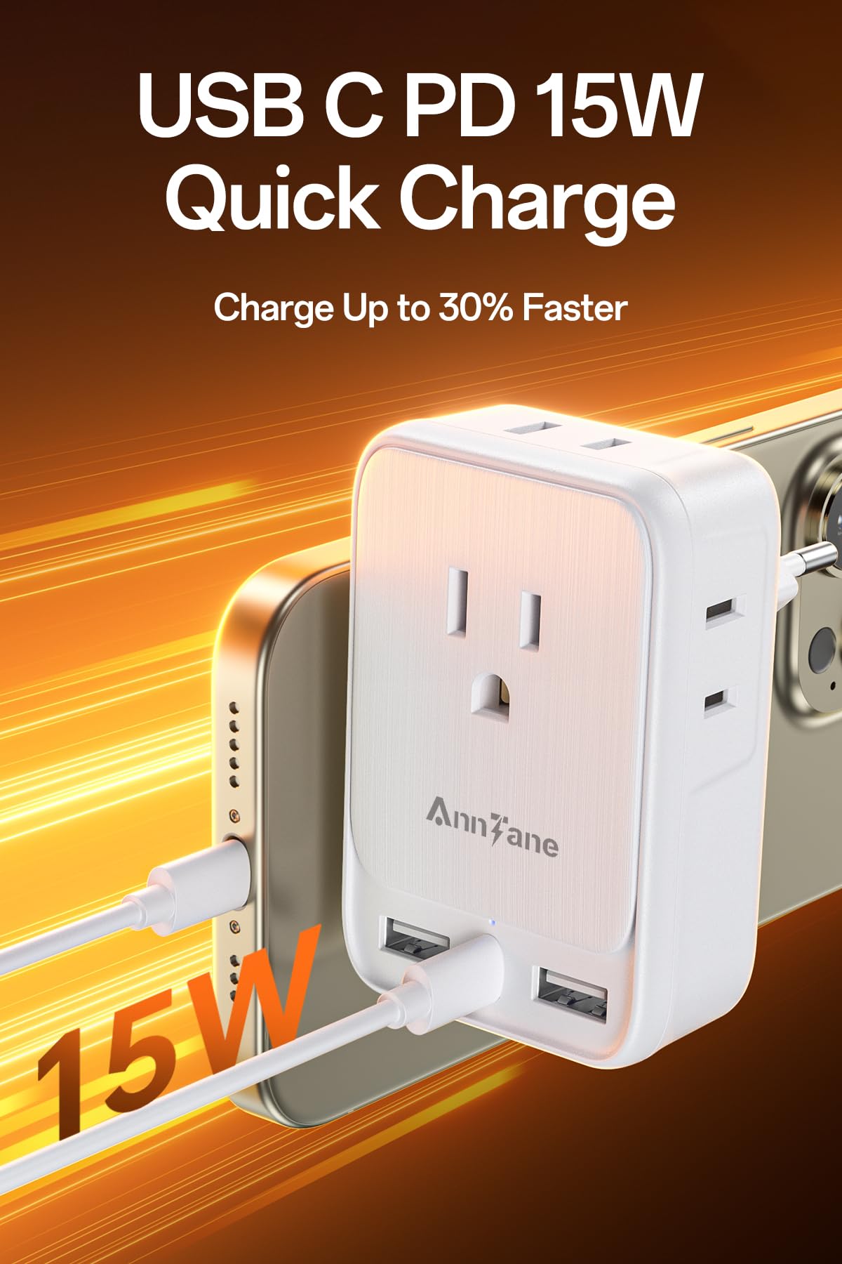 AnnTane Adattatore europeo con USB C, adattatore da viaggio universale con 4 adattatori di alimentazione e 3 USB, Travel Essentials Adapter Americano/Messico in Italia, Germania, bianco (confezione da