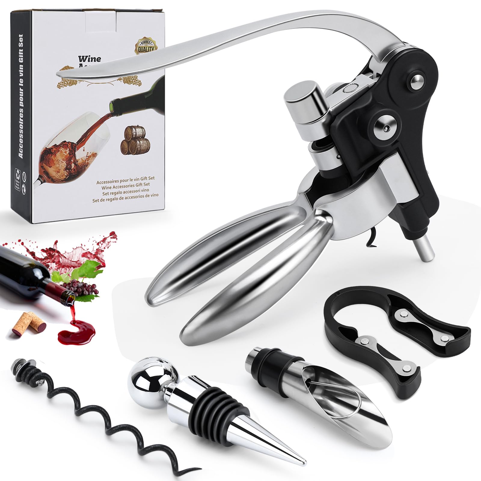 Set di 5 cavatappi premium cavatappi a leva, versatore vino, tappo sottovuoto, tagliacapsule spirale intercambiabile