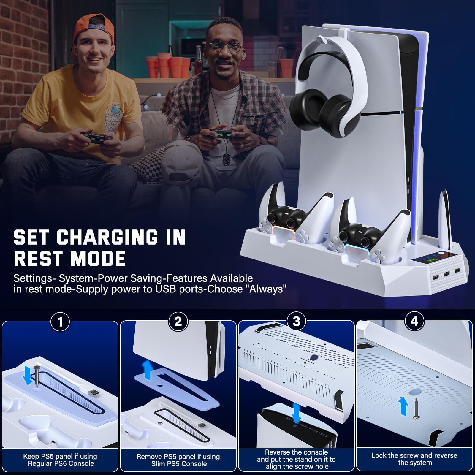 Hollabudz PS5 Slim & Standard Disco/Digital Console Stazione di Raffreddamento con Stazione di Ricarica e Driver per PlayStation 5, PS5 Console Supporto di Raffreddamento con 3 Hub