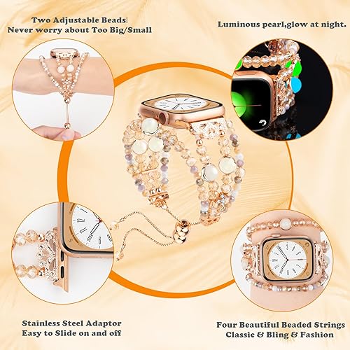 Miniatura 5 de fohuas Correa de cuentas compatible con Apple Watch de 1.496 in 1.575 in 1.614 in 1.654 in 1.732 in 1.772 in 1.929 in, cuentas de perlas de cristal