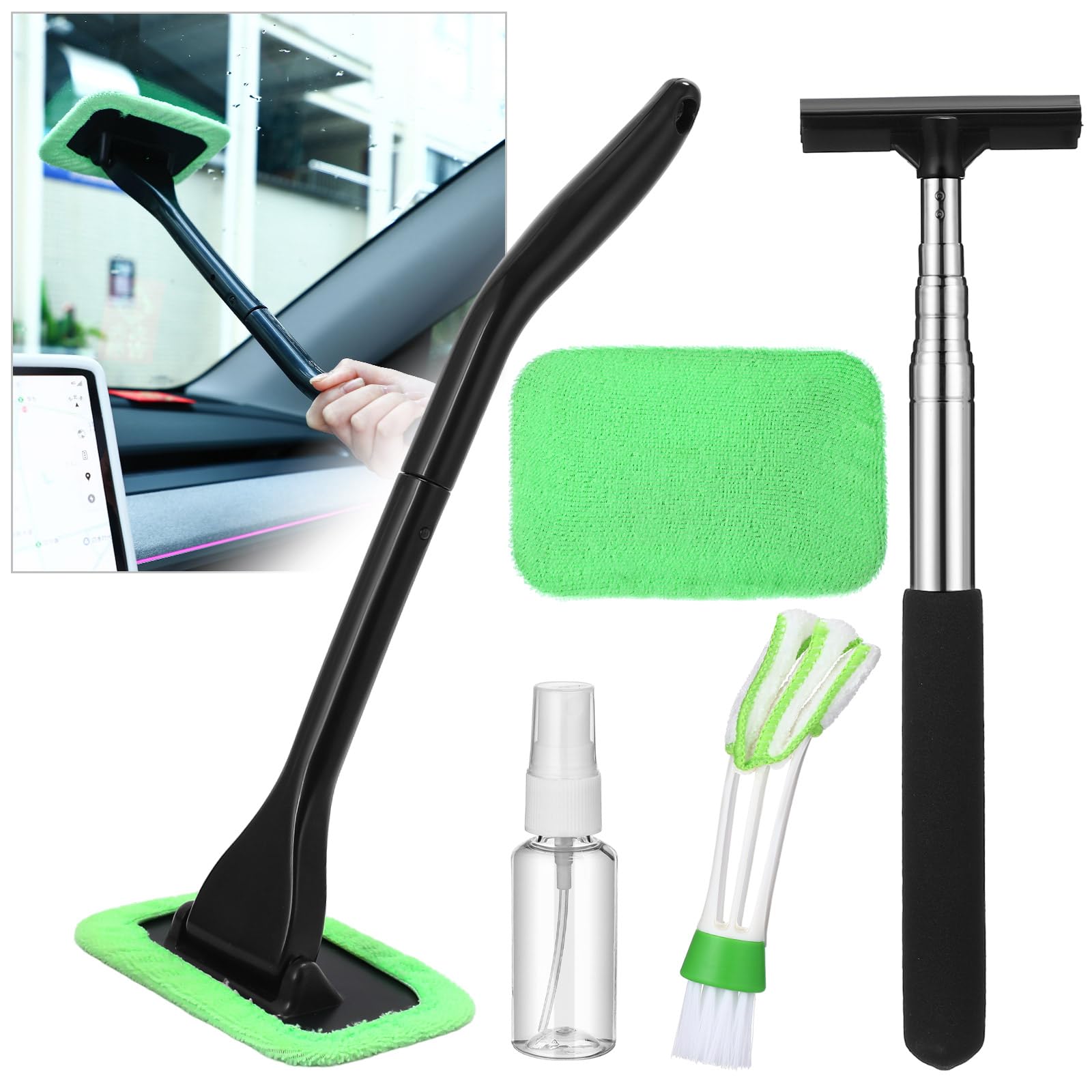 Car Window Cleaner Windshield Cleaning Tool Kit with 1 Rearview Mirror Wiper 1 Windshield Cleaning Brush 1 Opening for Ventilation Cleaner Brush 1 Spray Bottle and 2 Washable Microfiber Pads