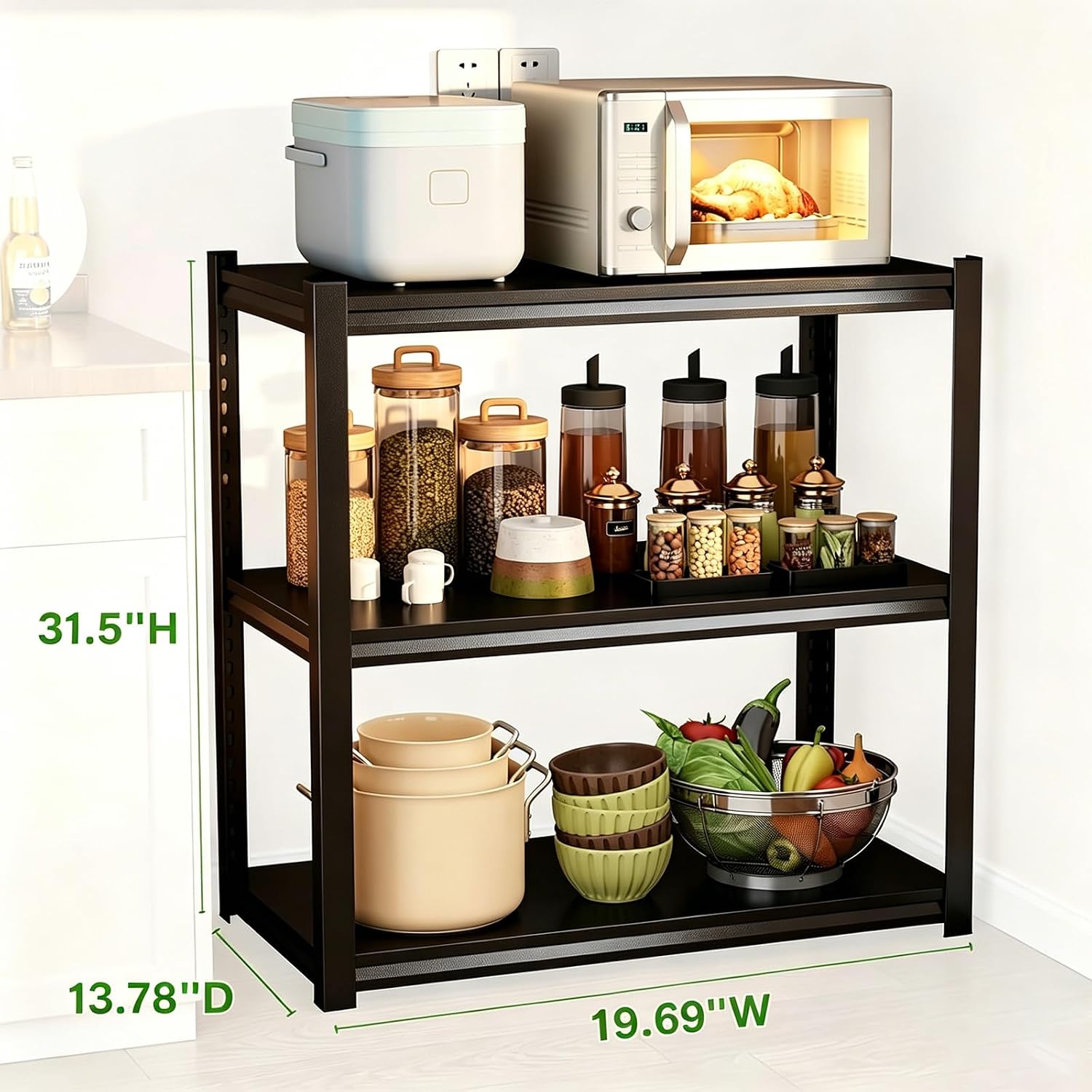3-Tier Adjustable Kitchen Storage Shelves, Detachable Steel Shelving Units, Heavy Duty Metal Rack Shelf – Ideal for Pantry, Cabinet, or Countertop(Black-31.50H*13.78D, 19.69W-3Tier)