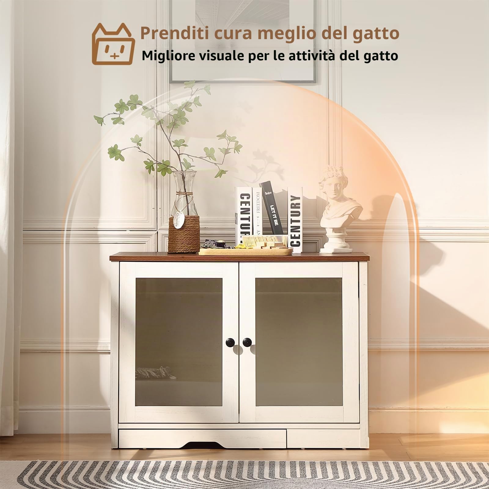 FOREST GRAVITY Cat Cabinet Litter Box Small Armadietto per gatti Lettiera Piccoli mobili per Lettiera Moderna 82 * 58.5 * 53 cm Casa per gatti con porta e divisorio separato Bianco Antico