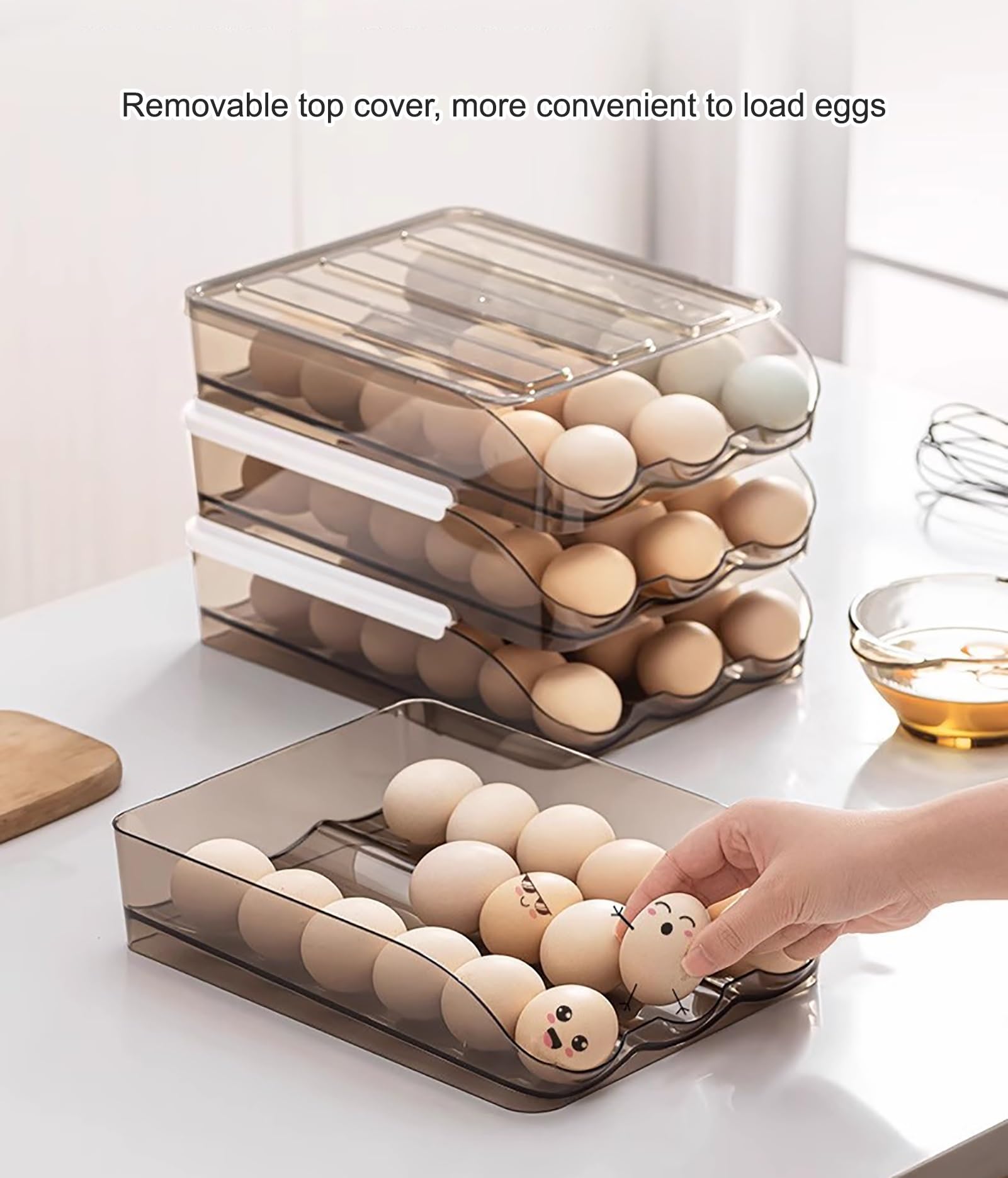Soporte para huevos para nevera, dispensador de huevos rodante, soporte para huevos de nevera de 18/36/54 huevos organizador con tapa (transparente, 28,5 x 21,5 x 14 cm)