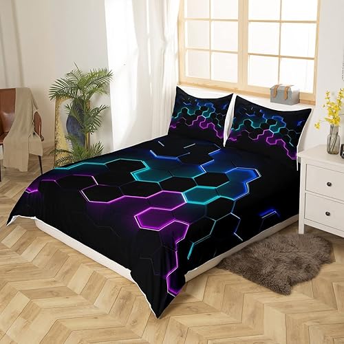 Miniatura 3 de Juego de funda de edredón de panal para niños, tamaño individual, juego de ropa de cama abstracto geométrico hexagonal moderno, decoración de