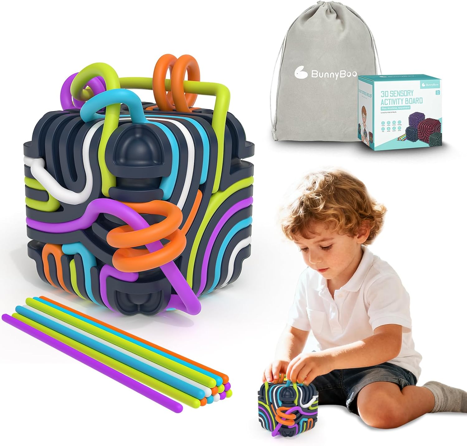 BunnyBoo Sensory Activity Board, 3D Silicone Toys for Kids with Autism & ADHD,Sensory Fidget Toys for Anxiety Relief, Calming & Focusing, BPA-Free, 15 Colorful Strings, Storage Bag(Blue)