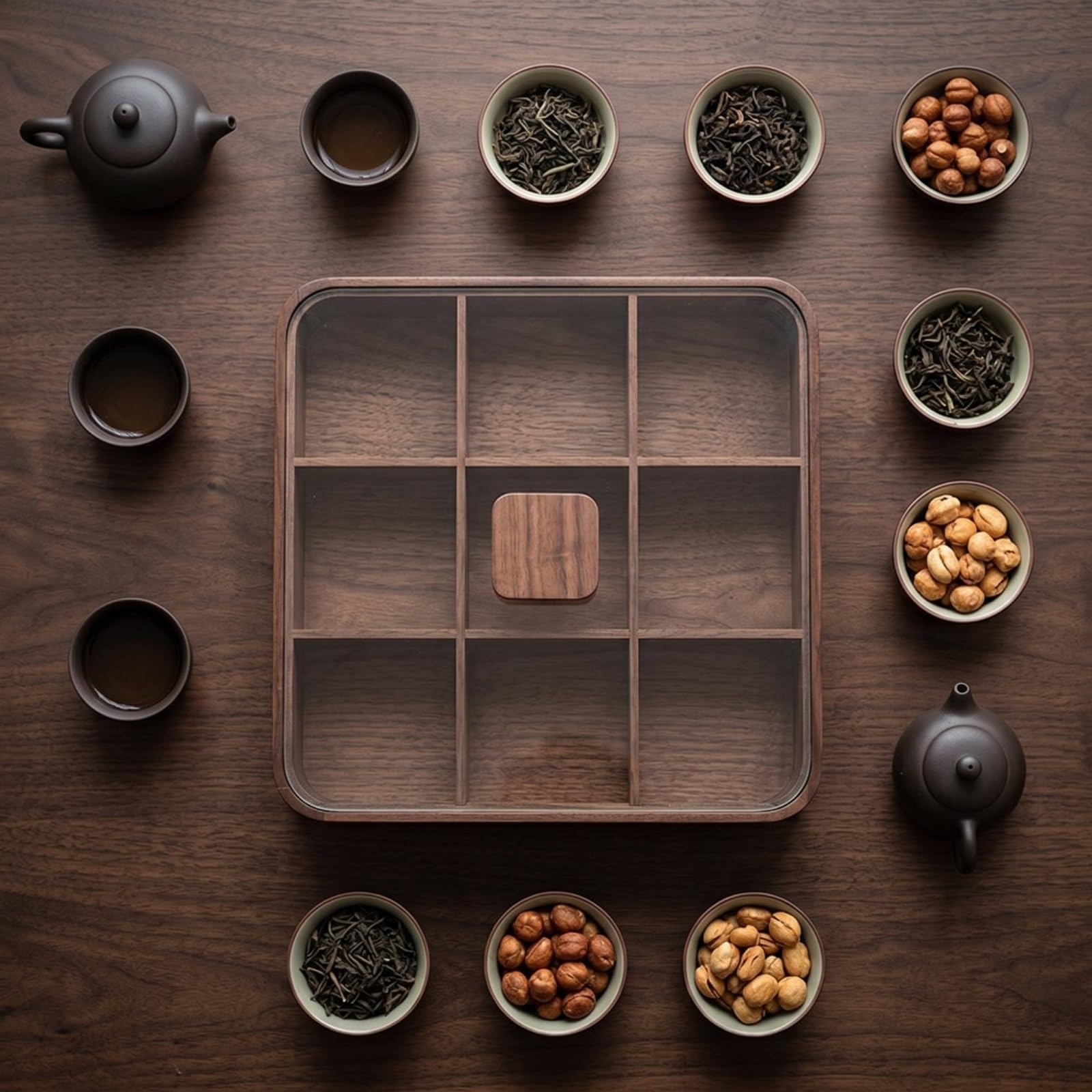 Contenedor de Snacks Caja Organizadora Bote Dispensador Recipiente de con Tapa de Vidrio Templado para Servir Invitados Adecuado para Sala de Estar, Nueve Compartimentos