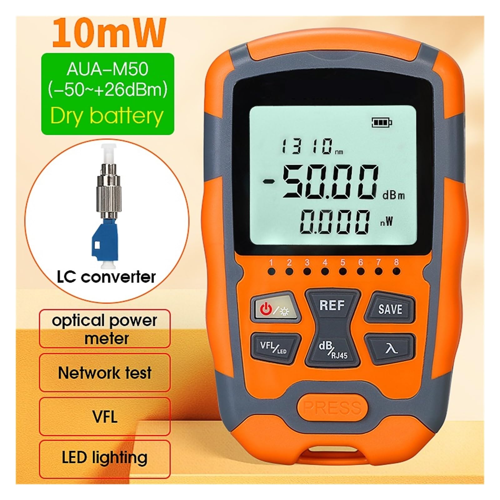 Tester światłowodów, AUA-M50 Mini 4 w 1 wielofunkcyjny miernik mocy optycznej, wizualny lokalizator uszkodzeń Test kabla sieciowego, Tester światłowodów(10MW with FC-LC)