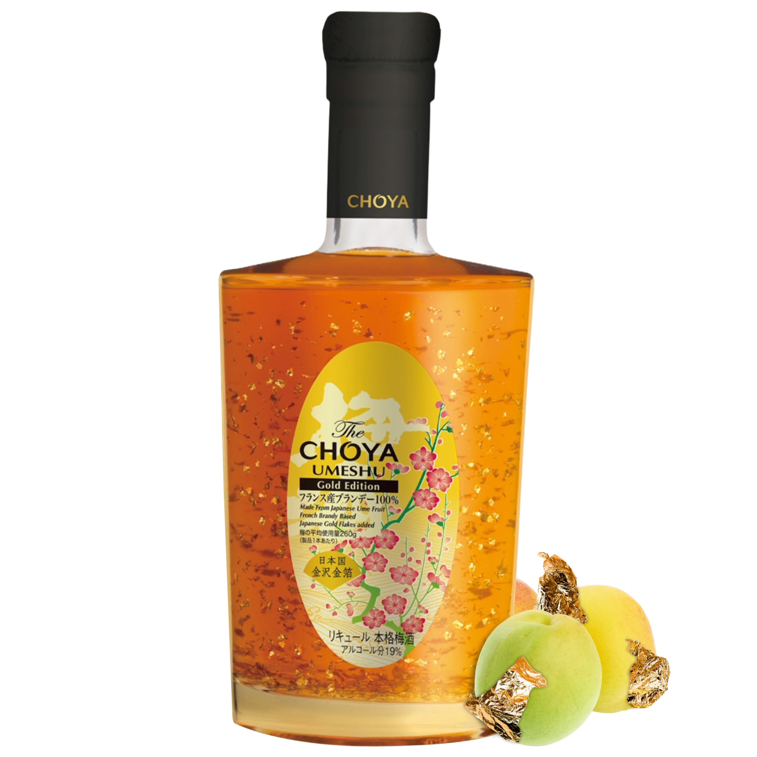 Choya Umeshu Gold Edition, mit echten Blattgold Flocken (japanischer Ume Fruchtlikör & französischer Brandy, Ume Frucht, 19% vol.) 1er Pack (1 x 0.5 l)