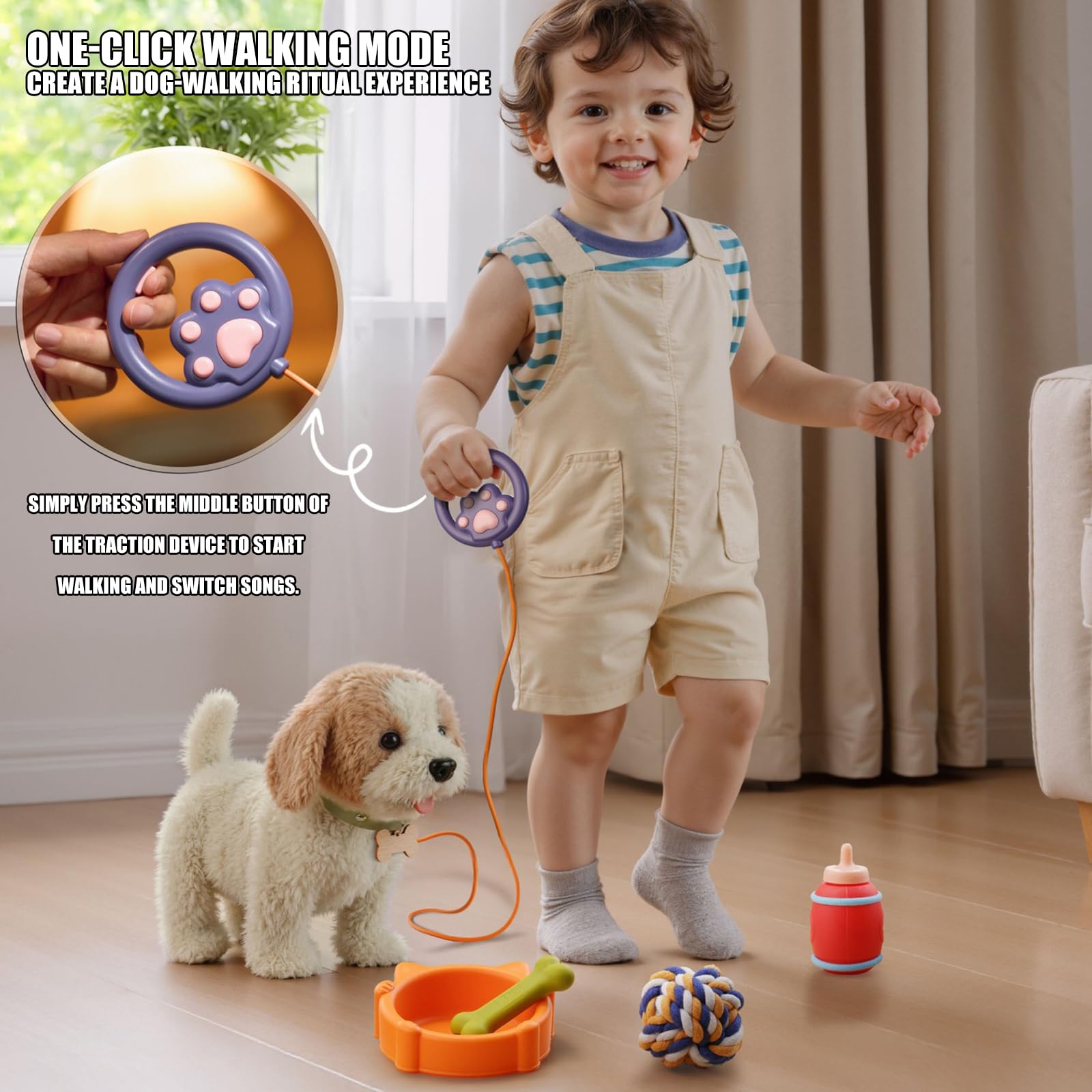 Cane giocattolo elettrico realistico che canta con suoni che simula comportamenti come camminare, telecomando, accessori inclusi