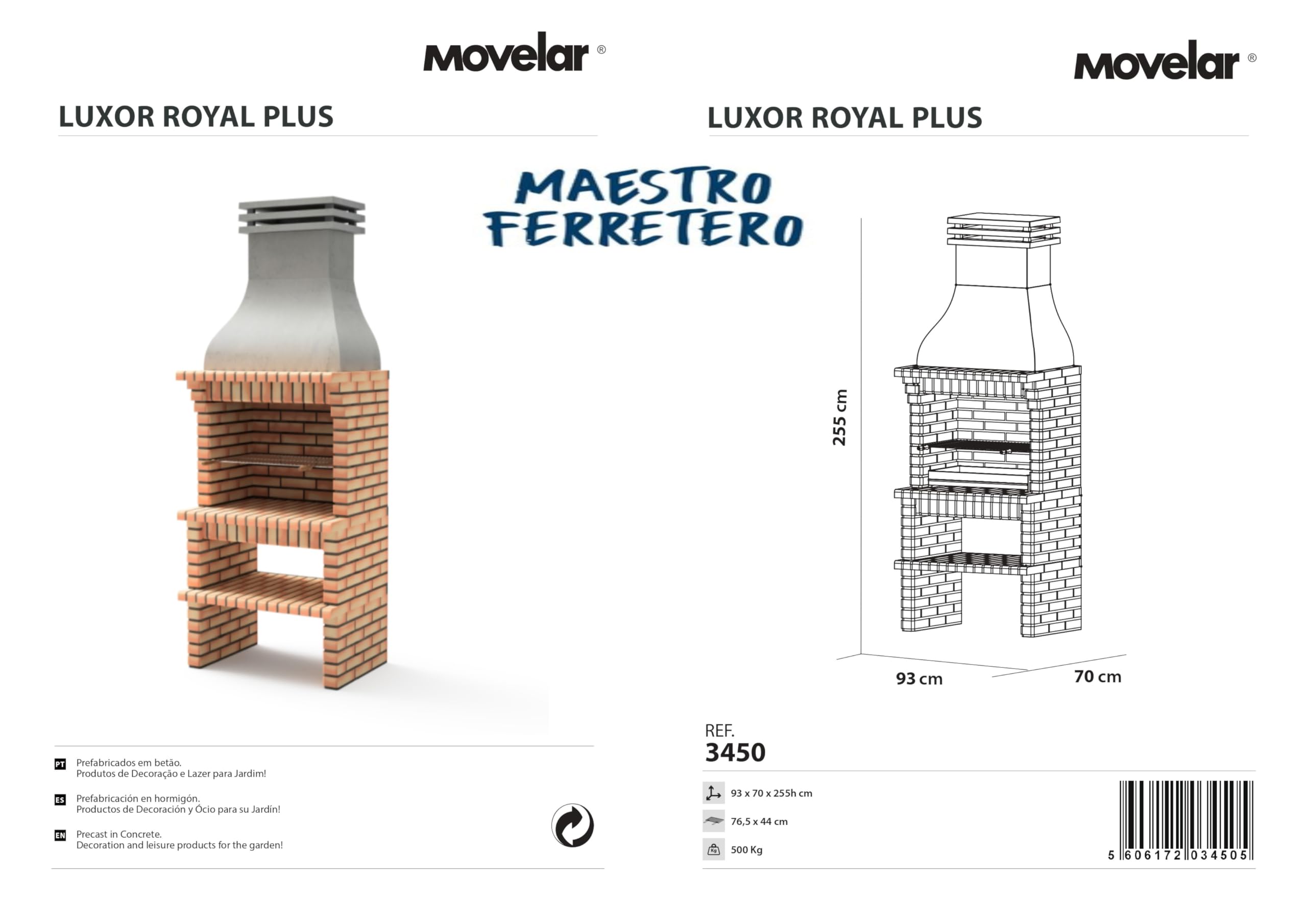 MOVELAR - Barbacoa de Obra Prefabricada de Leña y Carbón Modelo Luxor Royal Plus (Gris, Naranja - 94 x 70 x 255 cm) REF: 3450 - Cocina de Exterior con Parrilla Grande para Jardín o Terraza