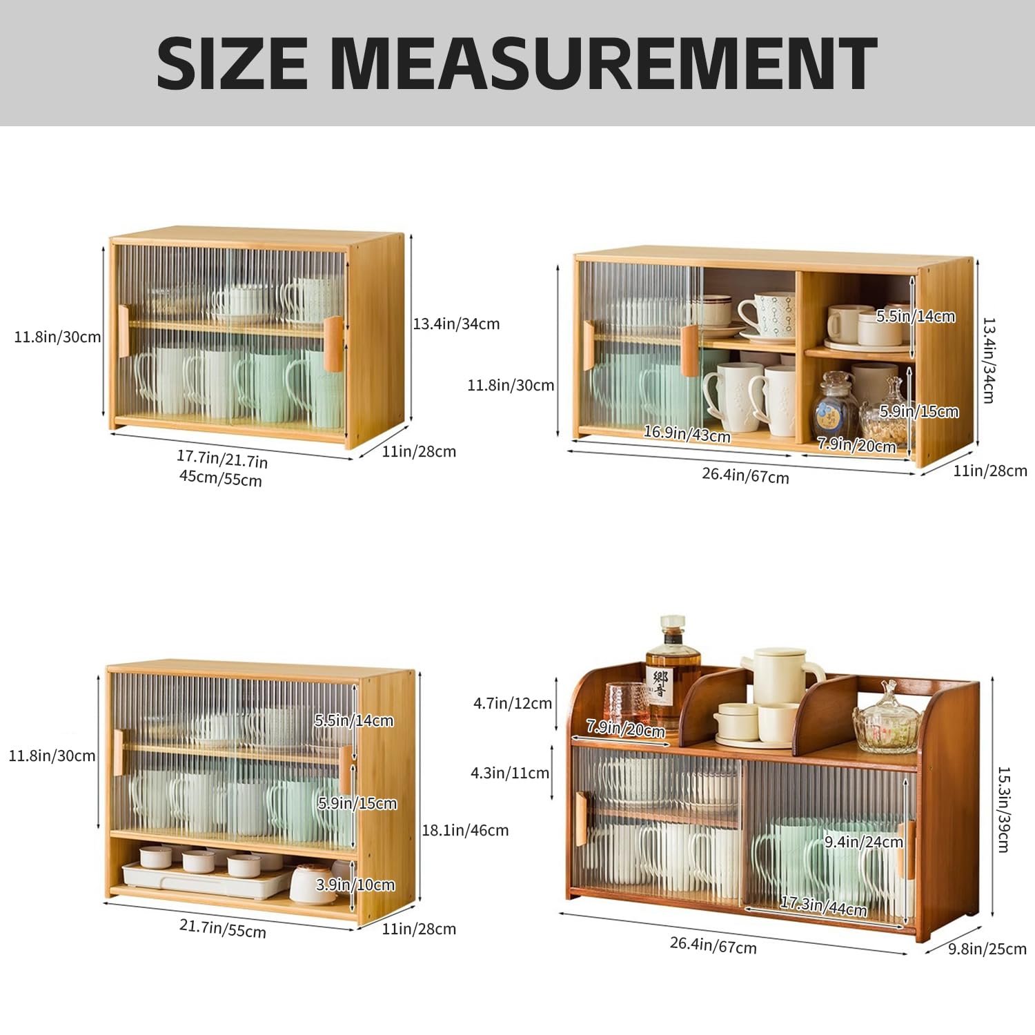 Aparador de despensa de cocina de bambú con dos puertas de cristal, armario de almacenamiento independiente para platos, cuencos, tazas, exhibición multifuncional