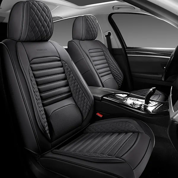 WENNFOUR Front Car Seat Covers, Universal Leather Seat Covers with Headrest Pillows for Most Cars SUVs Pickup Trucks, Full Coverage Car Seat Protectors, 2 Seats Car Seat Cushion, Black