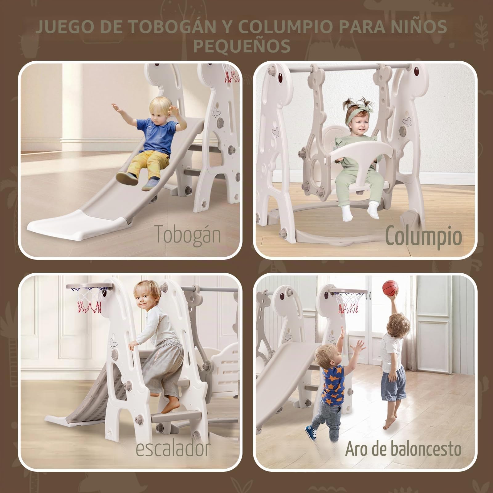 Toboganes Infantiles Exterior e Interior Juego Completo para Niños con Tobogán Canasta de Baloncesto y Columpio Ajustable en Altura (Gris)
