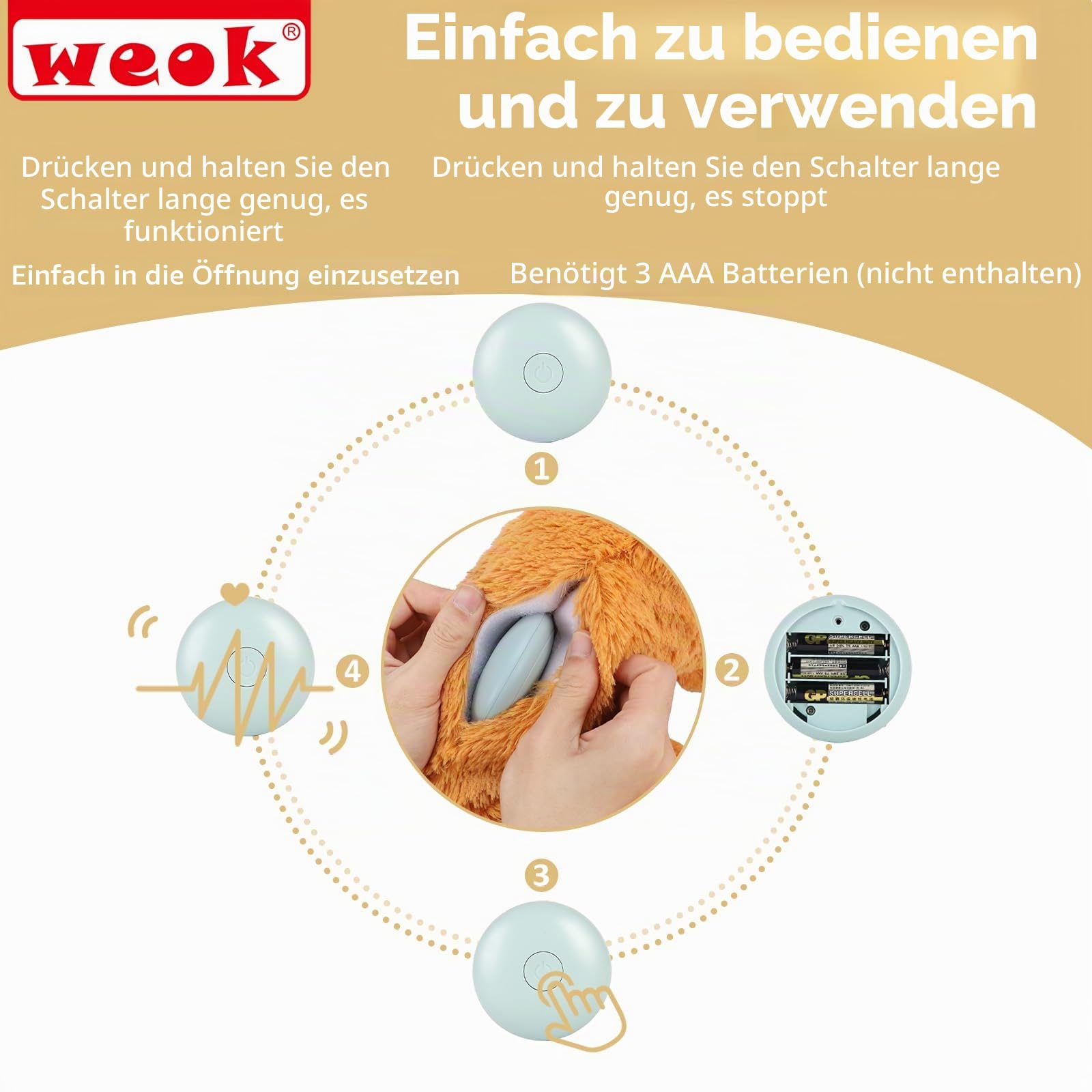 WEOK Herzschlag-Welpenspielzeug – Komfort-Kuschelkissen, zur Linderung von Angstzuständen, beruhigende Hilfe, Herzschlag-Spielzeug für Hunde, Welpenherzschlag-Spielzeug, Schlafhilfe