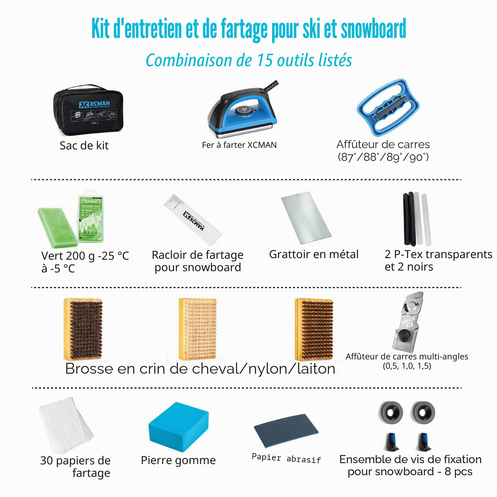 XCMAN Kit Complet de réglage de Ski et Snowboard avec Fer à épiler, Cire, accordeur de Bord de Base Multi-Angle, réparation de Base Ptex, Papier ciré, Pierre gommée pour Ski et Snowboard