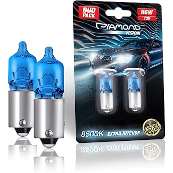Diamond Vision 2x H6W 12V 6W Xenon Look Halogen Car Bulbs 8500K Super Ultra White Extremely Durable Set of 2 E-Mark BAX9s