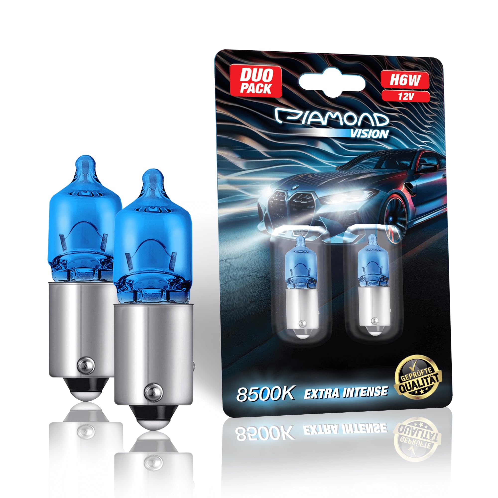Diamond Vision 2x H6W 12V 6W | Xenon Look | Halogen KFZ Autolampen | 8500K Super Ultra White | extrem langlebig | 2er SET | E-Prüfzeichen | BAX9s