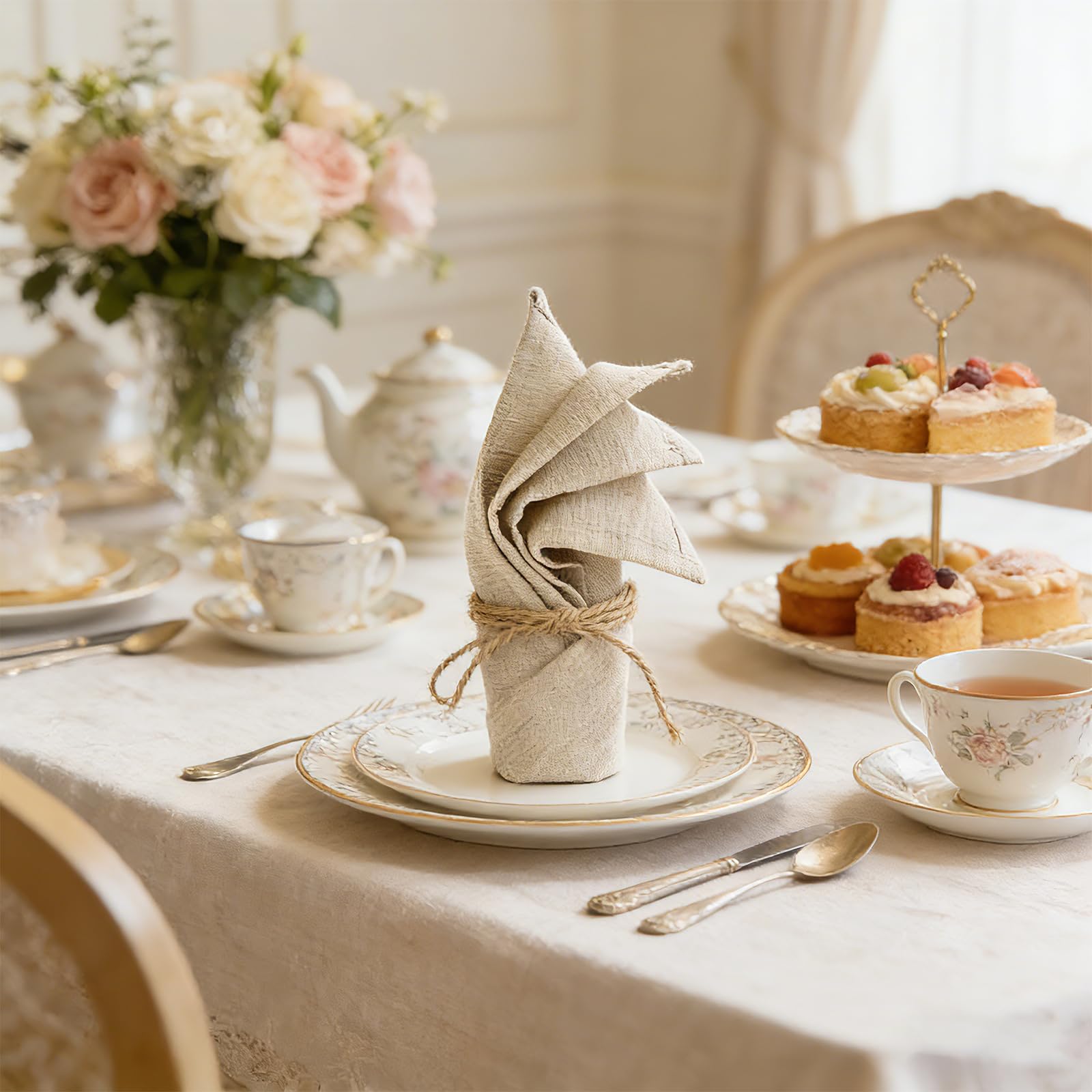 Lot de 12 serviettes en tissu, 40 x 40 cm, réutilisables, en tissu, 100 % naturel, en lin, en coton, décoration de table pour mariage, anniversaire, cuisine (beige)