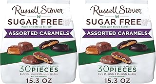 RUSSELL STOVER Sugar Free Assorted Caramels in Chocolate Candy,15.3 oz. bag,(Pack of 2)