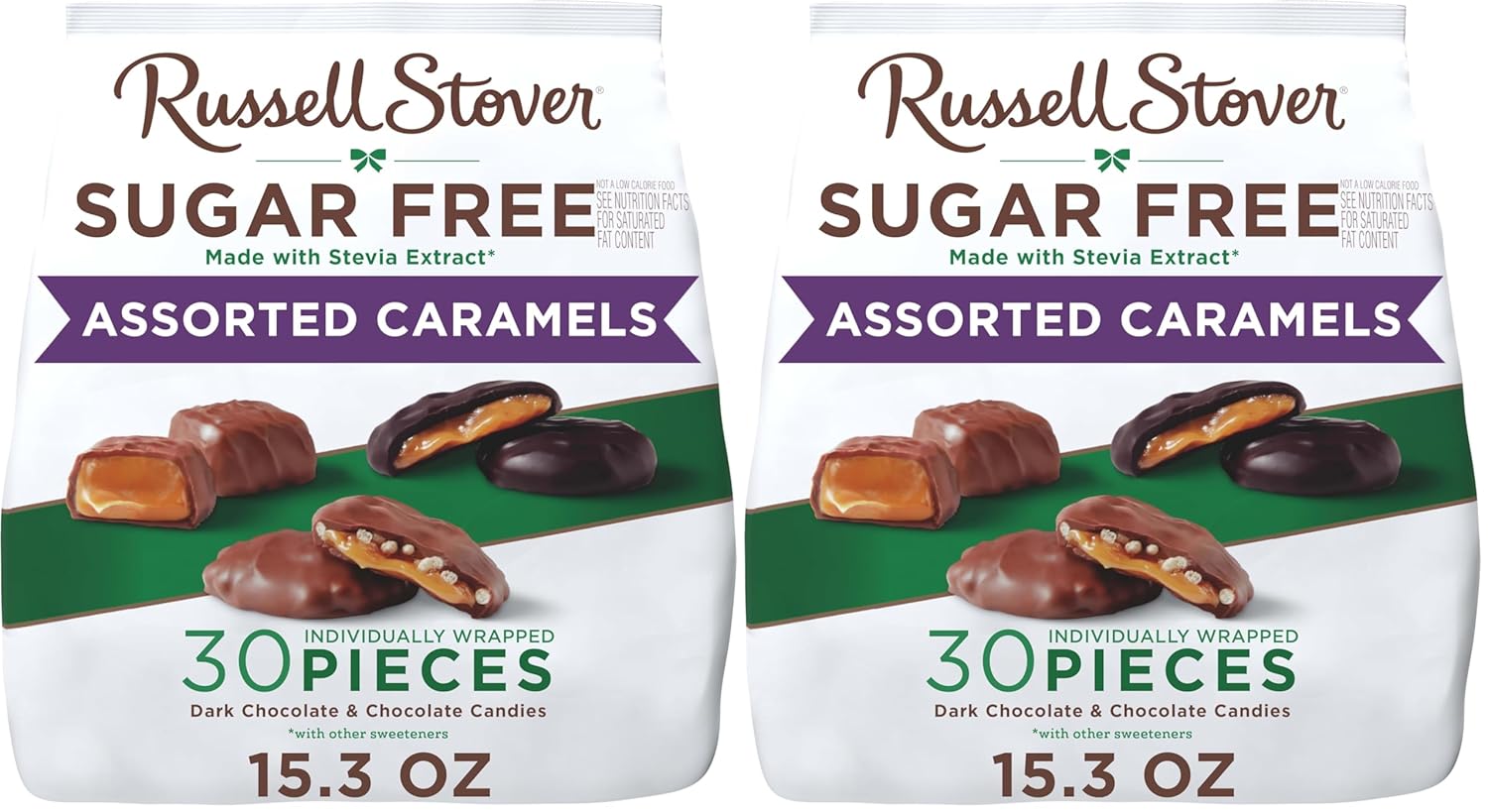 RUSSELL STOVER Sugar Free Assorted Caramels in Chocolate Candy,15.3 oz. bag,(Pack of 2)