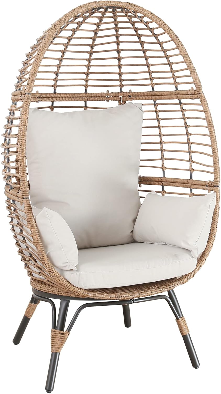 Patio Tree Outdoor Wicker Egg Chair, Indoor Rattan Lounge Chair with 4 Removable