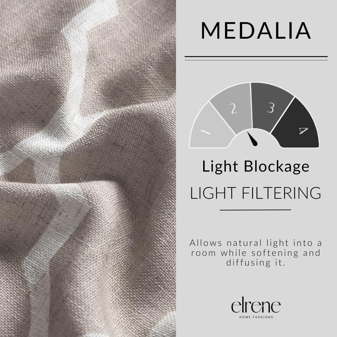 Elrene Home Fashions Medalia Grommet Top Light Filtering Trellis Geometric Pattern Linen Blend Window Curtain Single Panel, 52" W x 84" L, Stone