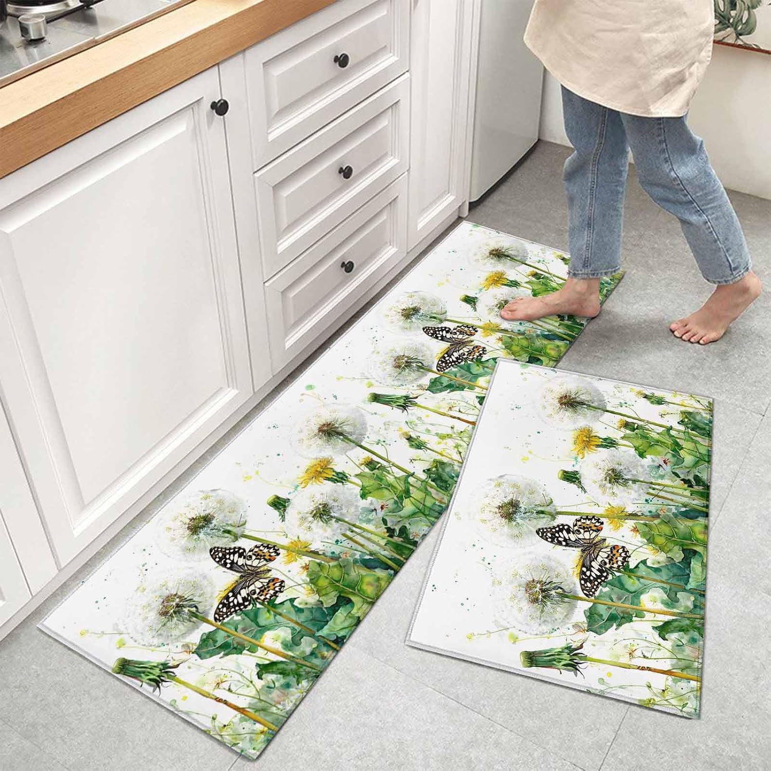 Kitchen Mats for Floor Watercolor Blossom Floral Leaves Washable Non Slip Kitchen Rugs 2PCS, Natural Flower Butterfly Absorbent Standing Mats for Sink Office Living Room 15.7x23.6in+15.7x47.2in
